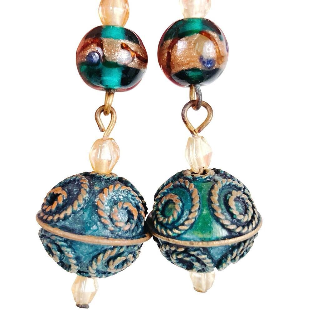 VTG Glass Lampwork Brass Earrings Green Boho Artisan Drop Dangle Ornate Earthy